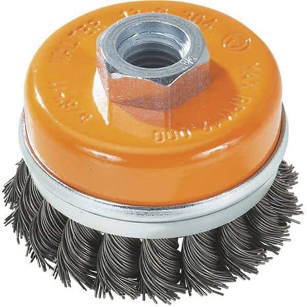 WALTER Surface Technologies - 3" Diam, M14x2.00 Threaded Arbor, Steel Fill Cup Brush - 0.02 Wire Diam, 12,000 Max RPM - Exact Tool & Supply