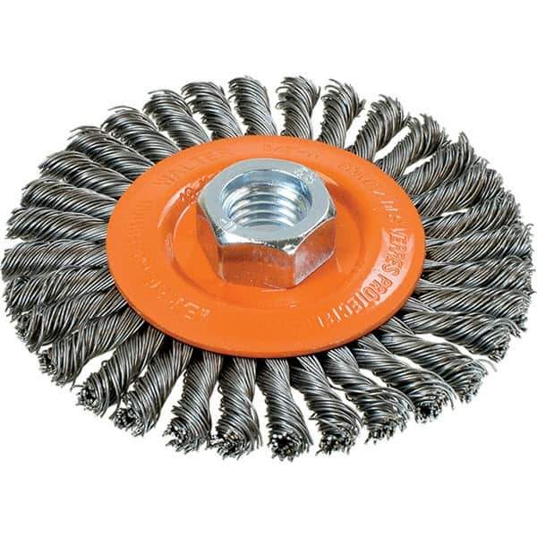 WALTER Surface Technologies - 4" OD, 5/8-11 Arbor Hole, Stringer Bead Steel Wheel Brush - 3/16" Face Width, 0.02" Filament Diam, 20,000 RPM - Exact Tool & Supply