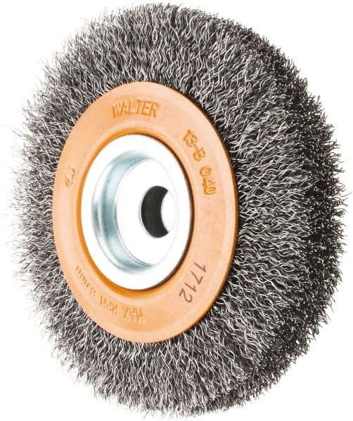 WALTER Surface Technologies - 4" OD, 1/2" Arbor Hole, Crimped Steel Wheel Brush - 3/4" Face Width, 0.0118" Filament Diam, 6,000 RPM - Exact Tool & Supply