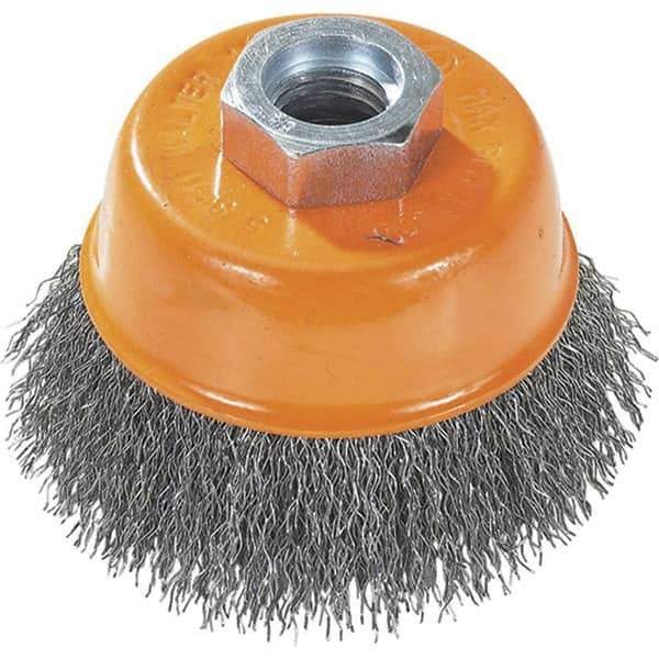 WALTER Surface Technologies - 5" Diam, 5/8-11 Threaded Arbor, Steel Fill Cup Brush - 0.02 Wire Diam, 8,600 Max RPM - Exact Tool & Supply