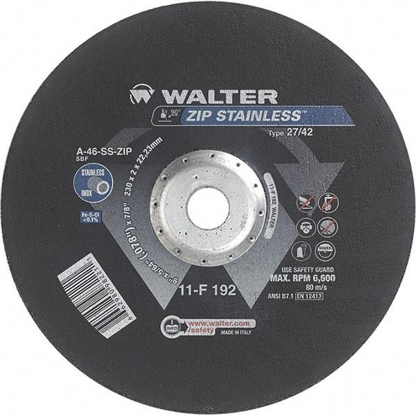 WALTER Surface Technologies - 46 Grit, 9" Wheel Diam, 5/64" Wheel Thickness, 7/8" Arbor Hole, Type 27 Depressed Center Wheel - Aluminum Oxide/Silicon Carbide Blend, Resinoid Bond, 6,600 Max RPM - Exact Tool & Supply
