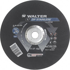 WALTER Surface Technologies - 46 Grit, 9" Wheel Diam, 5/64" Wheel Thickness, 7/8" Arbor Hole, Type 27 Depressed Center Wheel - Aluminum Oxide/Silicon Carbide Blend, Resinoid Bond, 6,600 Max RPM - Exact Tool & Supply