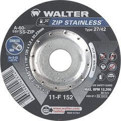 WALTER Surface Technologies - 60 Grit, 5" Wheel Diam, 3/64" Wheel Thickness, 7/8" Arbor Hole, Type 27 Depressed Center Wheel - Aluminum Oxide/Silicon Carbide Blend, Resinoid Bond, 12,200 Max RPM - Exact Tool & Supply