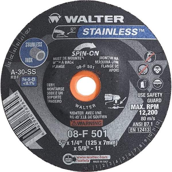 WALTER Surface Technologies - 30 Grit, 5" Wheel Diam, 1/4" Wheel Thickness, Type 28 Depressed Center Wheel - Aluminum Oxide, Resinoid Bond, 12,200 Max RPM - Exact Tool & Supply
