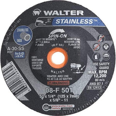 WALTER Surface Technologies - 30 Grit, 5" Wheel Diam, 1/4" Wheel Thickness, Type 28 Depressed Center Wheel - Aluminum Oxide, Resinoid Bond, 12,200 Max RPM - Exact Tool & Supply