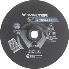WALTER Surface Technologies - 30 Grit, 9" Wheel Diam, 1/4" Wheel Thickness, 7/8" Arbor Hole, Type 27 Depressed Center Wheel - Aluminum Oxide, Resinoid Bond, 6,600 Max RPM - Exact Tool & Supply