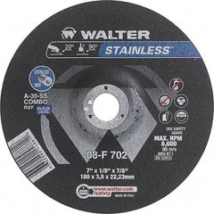 WALTER Surface Technologies - 30 Grit, 7" Wheel Diam, 1/8" Wheel Thickness, 7/8" Arbor Hole, Type 27 Depressed Center Wheel - Aluminum Oxide, Resinoid Bond, 8,600 Max RPM - Exact Tool & Supply