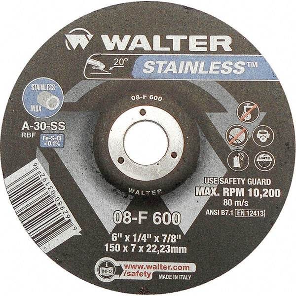 WALTER Surface Technologies - 30 Grit, 6" Wheel Diam, 1/4" Wheel Thickness, 7/8" Arbor Hole, Type 27 Depressed Center Wheel - Aluminum Oxide, Resinoid Bond, 10,200 Max RPM - Exact Tool & Supply