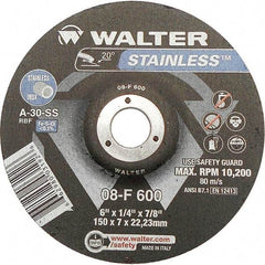 WALTER Surface Technologies - 30 Grit, 6" Wheel Diam, 1/4" Wheel Thickness, 7/8" Arbor Hole, Type 27 Depressed Center Wheel - Aluminum Oxide, Resinoid Bond, 10,200 Max RPM - Exact Tool & Supply
