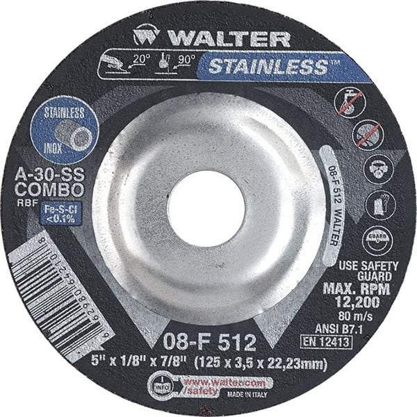 WALTER Surface Technologies - 30 Grit, 5" Wheel Diam, 1/8" Wheel Thickness, 7/8" Arbor Hole, Type 27 Depressed Center Wheel - Aluminum Oxide, Resinoid Bond, 12,200 Max RPM - Exact Tool & Supply