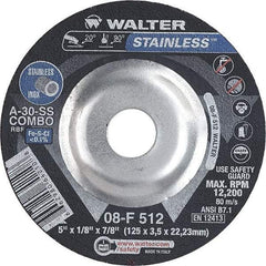 WALTER Surface Technologies - 30 Grit, 5" Wheel Diam, 1/8" Wheel Thickness, 7/8" Arbor Hole, Type 27 Depressed Center Wheel - Aluminum Oxide, Resinoid Bond, 12,200 Max RPM - Exact Tool & Supply