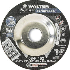 WALTER Surface Technologies - 30 Grit, 4-1/2" Wheel Diam, 1/8" Wheel Thickness, 7/8" Arbor Hole, Type 27 Depressed Center Wheel - Aluminum Oxide, Resinoid Bond, 13,300 Max RPM - Exact Tool & Supply