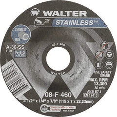 WALTER Surface Technologies - 30 Grit, 4-1/2" Wheel Diam, 1/4" Wheel Thickness, 7/8" Arbor Hole, Type 27 Depressed Center Wheel - Aluminum Oxide, Resinoid Bond, 13,300 Max RPM - Exact Tool & Supply