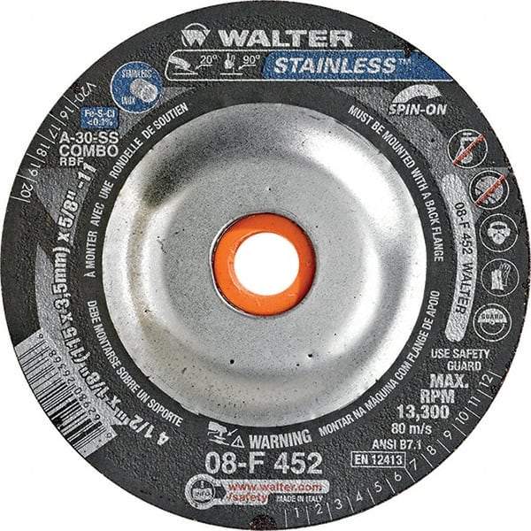 WALTER Surface Technologies - 30 Grit, 4-1/2" Wheel Diam, 1/8" Wheel Thickness, Type 27 Depressed Center Wheel - Aluminum Oxide, Resinoid Bond, 13,300 Max RPM - Exact Tool & Supply