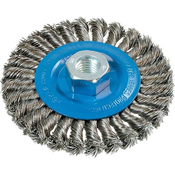 WALTER Surface Technologies - 4-1/2" OD, 5/8-11 Arbor Hole, Knotted Stainless Steel Wheel Brush - 3/8" Face Width, 0.02" Filament Diam, 15,000 RPM - Exact Tool & Supply