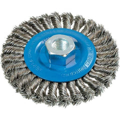 WALTER Surface Technologies - 4-1/2" OD, 5/8-11 Arbor Hole, Knotted Stainless Steel Wheel Brush - 3/8" Face Width, 0.02" Filament Diam, 15,000 RPM - Exact Tool & Supply