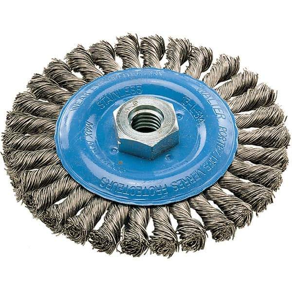 WALTER Surface Technologies - 5" OD, 5/8-11 Arbor Hole, Knotted Stainless Steel Wheel Brush - 3/8" Face Width, 0.02" Filament Diam, 15,000 RPM - Exact Tool & Supply