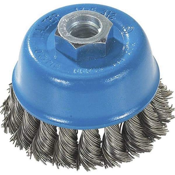 WALTER Surface Technologies - 3" Diam, M10x1.25 Threaded Arbor, Stainless Steel Fill Cup Brush - 0.015 Wire Diam, 12,000 Max RPM - Exact Tool & Supply
