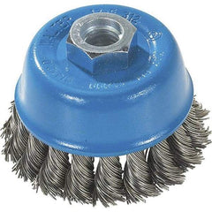 WALTER Surface Technologies - 3" Diam, M10x1.25 Threaded Arbor, Stainless Steel Fill Cup Brush - 0.015 Wire Diam, 12,000 Max RPM - Exact Tool & Supply