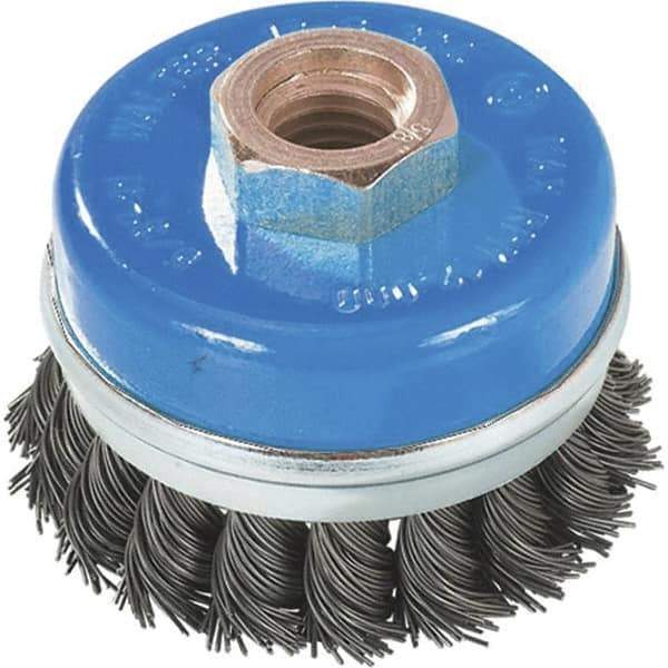 WALTER Surface Technologies - 3" Diam, M14x2.00 Threaded Arbor, Stainless Steel Fill Cup Brush - 0.02 Wire Diam, 12,000 Max RPM - Exact Tool & Supply