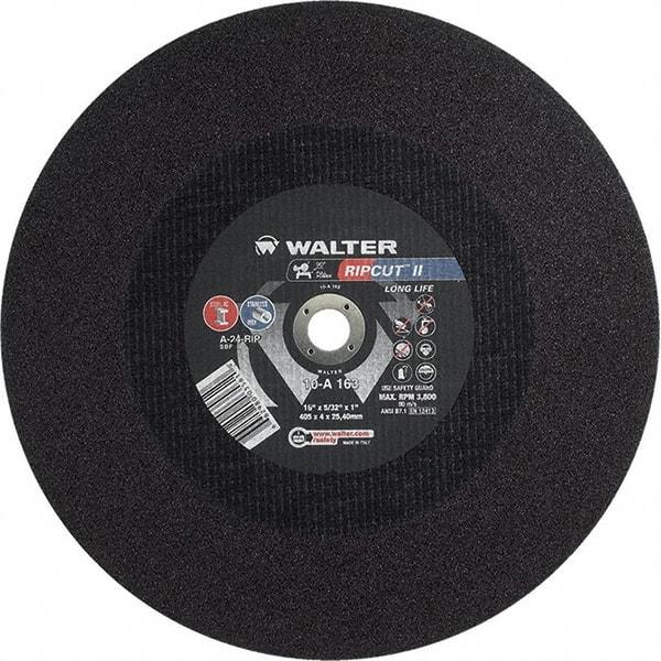 WALTER Surface Technologies - 16" 24 Grit Aluminum Oxide Cutoff Wheel - 5/32" Thick, 1" Arbor, 3,800 Max RPM, Use with Stationary Tools - Exact Tool & Supply