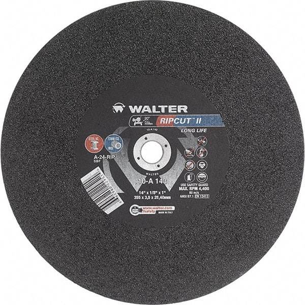 WALTER Surface Technologies - 14" 24 Grit Aluminum Oxide Cutoff Wheel - 1/8" Thick, 1" Arbor, 4,400 Max RPM, Use with Stationary Tools - Exact Tool & Supply