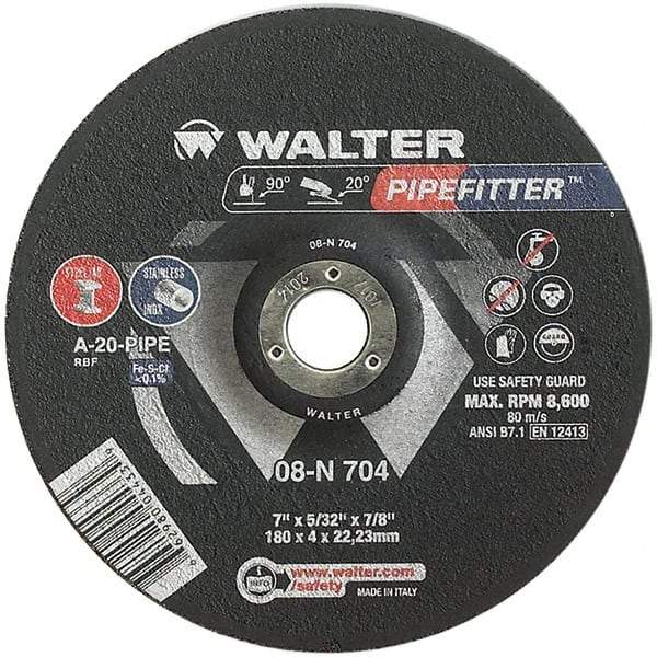WALTER Surface Technologies - 20 Grit, 7" Wheel Diam, 5/32" Wheel Thickness, 7/8" Arbor Hole, Type 27 Depressed Center Wheel - Aluminum Oxide/Silicon Carbide Blend, Resinoid Bond, 8,600 Max RPM - Exact Tool & Supply