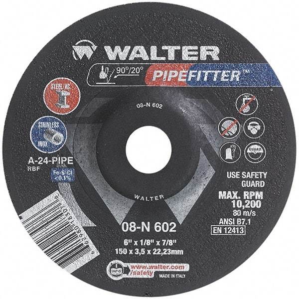 WALTER Surface Technologies - 24 Grit, 6" Wheel Diam, 1/8" Wheel Thickness, 7/8" Arbor Hole, Type 27 Depressed Center Wheel - Aluminum Oxide/Silicon Carbide Blend, Resinoid Bond, 10,200 Max RPM, Compatible with Angle Grinder - Exact Tool & Supply