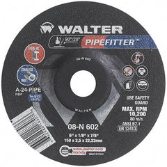 WALTER Surface Technologies - 24 Grit, 6" Wheel Diam, 1/8" Wheel Thickness, 7/8" Arbor Hole, Type 27 Depressed Center Wheel - Aluminum Oxide/Silicon Carbide Blend, Resinoid Bond, 10,200 Max RPM, Compatible with Angle Grinder - Exact Tool & Supply