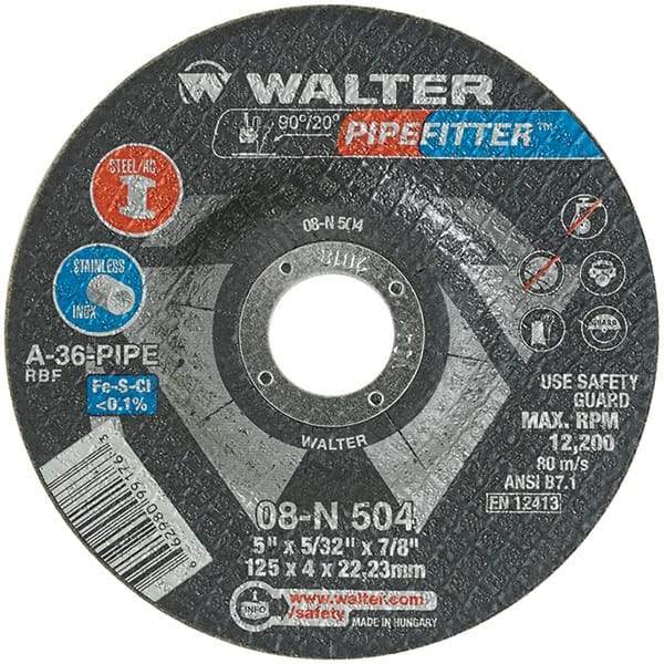 WALTER Surface Technologies - 36 Grit, 5" Wheel Diam, 5/32" Wheel Thickness, 7/8" Arbor Hole, Type 27 Depressed Center Wheel - Aluminum Oxide/Silicon Carbide Blend, Resinoid Bond, 12,200 Max RPM - Exact Tool & Supply