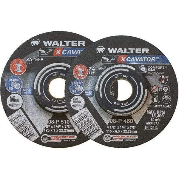 WALTER Surface Technologies - 16 Grit, 9" Wheel Diam, 1/4" Wheel Thickness, 7/8" Arbor Hole, Type 27 Depressed Center Wheel - Aluminum Oxide, Resinoid Bond, 6,600 Max RPM - Exact Tool & Supply