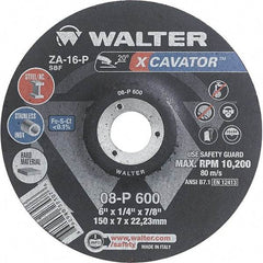 WALTER Surface Technologies - 16 Grit, 6" Wheel Diam, 1/4" Wheel Thickness, 7/8" Arbor Hole, Type 27 Depressed Center Wheel - Aluminum Oxide, Resinoid Bond, 10,200 Max RPM - Exact Tool & Supply