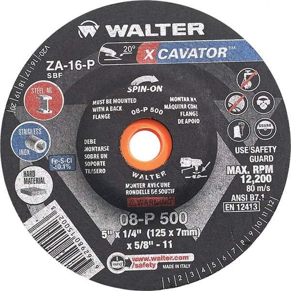 WALTER Surface Technologies - 16 Grit, 5" Wheel Diam, 1/4" Wheel Thickness, Type 27 Depressed Center Wheel - Aluminum Oxide, Resinoid Bond, 12,200 Max RPM - Exact Tool & Supply