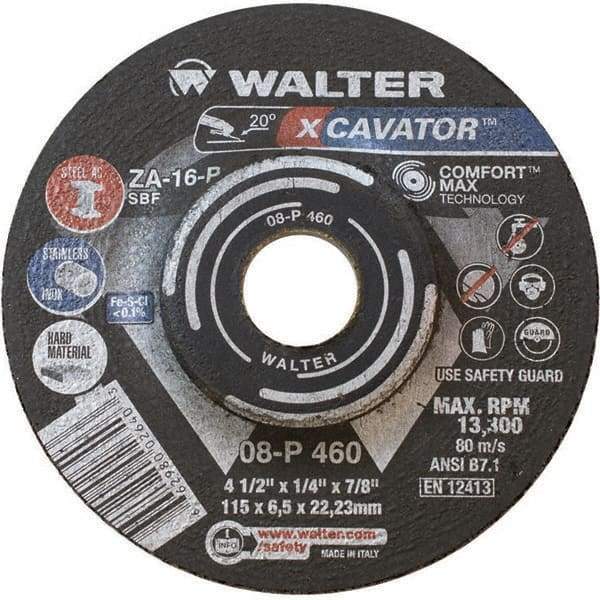 WALTER Surface Technologies - 16 Grit, 4-1/2" Wheel Diam, 1/4" Wheel Thickness, 7/8" Arbor Hole, Type 27 Depressed Center Wheel - Aluminum Oxide, Resinoid Bond, 13,300 Max RPM - Exact Tool & Supply