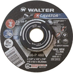 WALTER Surface Technologies - 16 Grit, 4-1/2" Wheel Diam, 1/4" Wheel Thickness, 7/8" Arbor Hole, Type 27 Depressed Center Wheel - Aluminum Oxide, Resinoid Bond, 13,300 Max RPM - Exact Tool & Supply