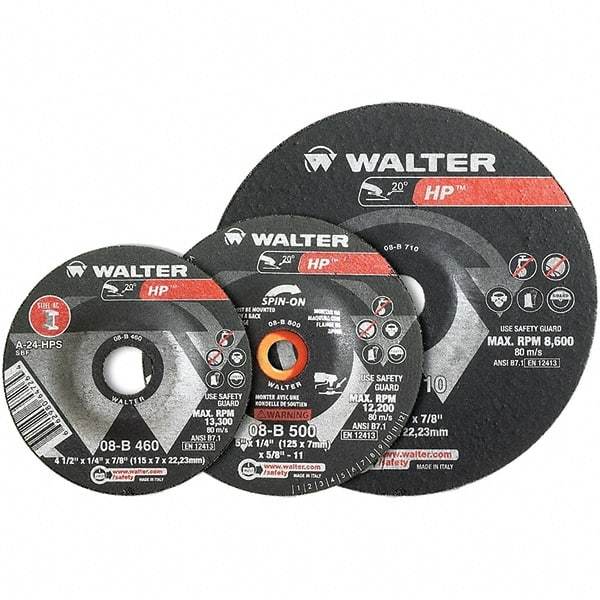 WALTER Surface Technologies - 24 Grit, 9" Wheel Diam, 1/4" Wheel Thickness, Type 28 Depressed Center Wheel - Aluminum Oxide, Resinoid Bond, 6,600 Max RPM - Exact Tool & Supply