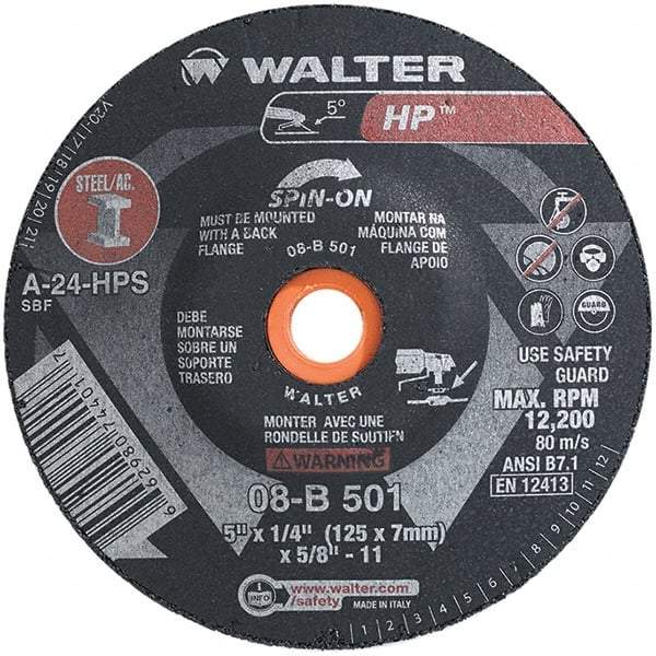 WALTER Surface Technologies - 24 Grit, 5" Wheel Diam, 1/4" Wheel Thickness, Type 28 Depressed Center Wheel - Aluminum Oxide, Resinoid Bond, 12,200 Max RPM - Exact Tool & Supply