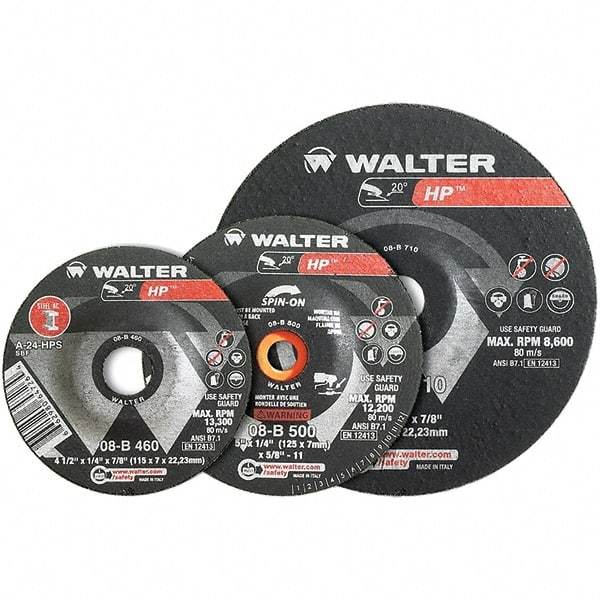 WALTER Surface Technologies - 24 Grit, 9" Wheel Diam, 1/4" Wheel Thickness, 7/8" Arbor Hole, Type 27 Depressed Center Wheel - Aluminum Oxide, Resinoid Bond, 6,600 Max RPM - Exact Tool & Supply