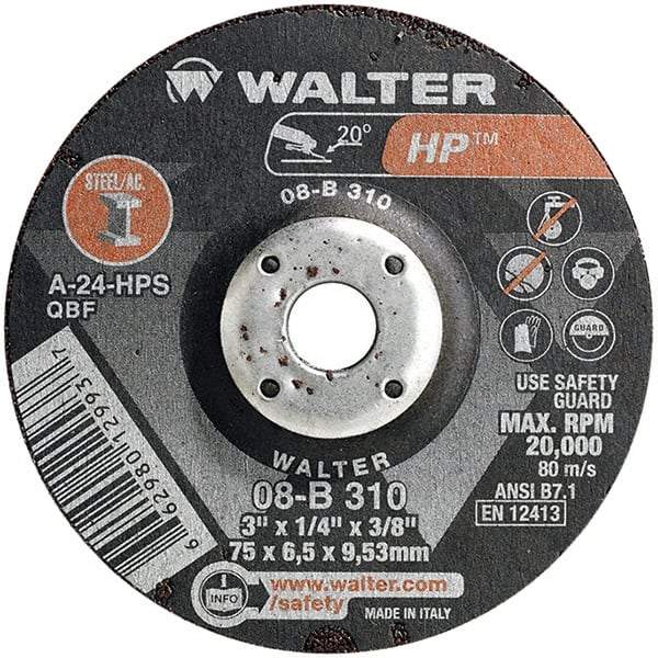 WALTER Surface Technologies - 24 Grit, 3" Wheel Diam, 1/4" Wheel Thickness, 3/8" Arbor Hole, Type 27 Depressed Center Wheel - Aluminum Oxide, Resinoid Bond, 20,000 Max RPM - Exact Tool & Supply