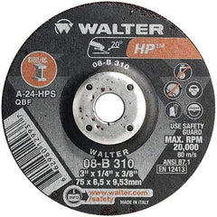 WALTER Surface Technologies - 24 Grit, 3" Wheel Diam, 1/4" Wheel Thickness, 3/8" Arbor Hole, Type 27 Depressed Center Wheel - Aluminum Oxide, Resinoid Bond, 20,000 Max RPM - Exact Tool & Supply