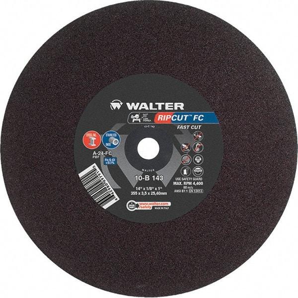 WALTER Surface Technologies - 14" 24 Grit Aluminum Oxide Cutoff Wheel - 1/8" Thick, 1" Arbor, 4,400 Max RPM, Use with Stationary Tools - Exact Tool & Supply