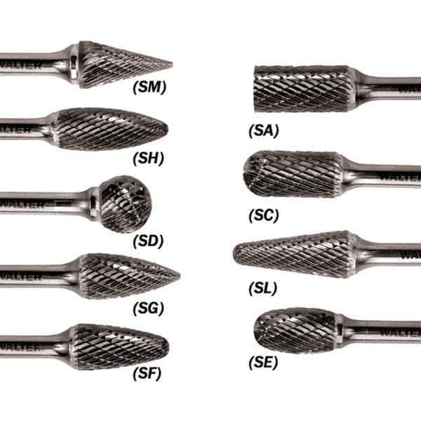 WALTER Surface Technologies - 5/16" Cut Diam, 1/4" Shank Diam, Flame Head Double Cut Burr - Carbide, 3/4" LOC - Exact Tool & Supply