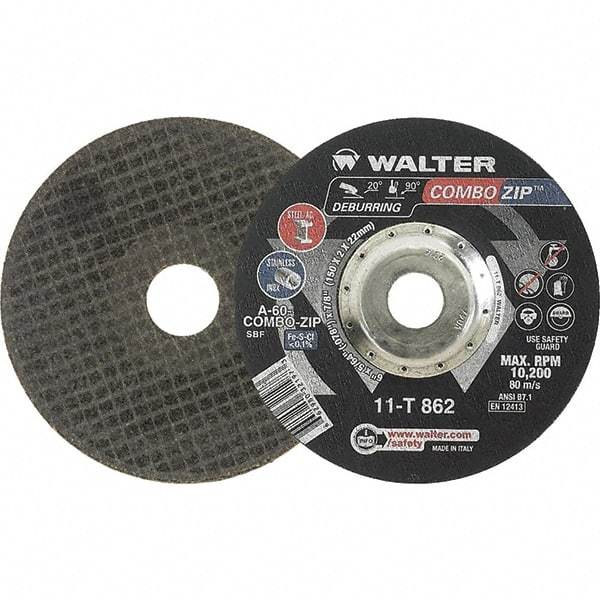 WALTER Surface Technologies - 60 Grit, 6" Wheel Diam, 5/64" Wheel Thickness, 7/8" Arbor Hole, Type 27 Depressed Center Wheel - 10,200 Max RPM - Exact Tool & Supply