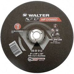WALTER Surface Technologies - 30 Grit, 9" Wheel Diam, 1/8" Wheel Thickness, 7/8" Arbor Hole, Type 27 Depressed Center Wheel - Aluminum Oxide, Resinoid Bond, 6,600 Max RPM - Exact Tool & Supply