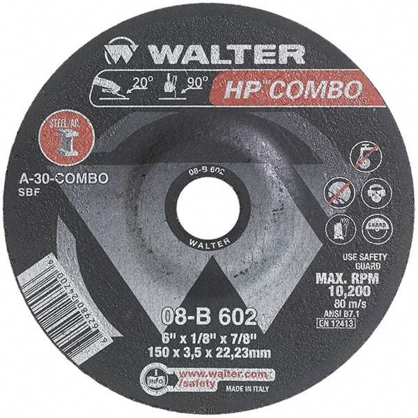 WALTER Surface Technologies - 30 Grit, 6" Wheel Diam, 1/8" Wheel Thickness, 7/8" Arbor Hole, Type 27 Depressed Center Wheel - Aluminum Oxide, Resinoid Bond, 10,200 Max RPM - Exact Tool & Supply