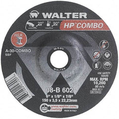 WALTER Surface Technologies - 30 Grit, 6" Wheel Diam, 1/8" Wheel Thickness, 7/8" Arbor Hole, Type 27 Depressed Center Wheel - Aluminum Oxide, Resinoid Bond, 10,200 Max RPM - Exact Tool & Supply