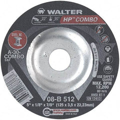 WALTER Surface Technologies - 30 Grit, 5" Wheel Diam, 1/8" Wheel Thickness, 7/8" Arbor Hole, Type 27 Depressed Center Wheel - Aluminum Oxide, Resinoid Bond, 12,200 Max RPM - Exact Tool & Supply