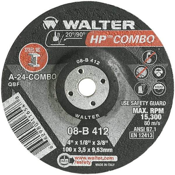 WALTER Surface Technologies - 24 Grit, 4" Wheel Diam, 1/8" Wheel Thickness, 3/8" Arbor Hole, Type 27 Depressed Center Wheel - Aluminum Oxide, Resinoid Bond, 15,000 Max RPM - Exact Tool & Supply
