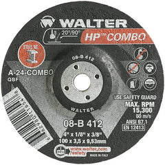 WALTER Surface Technologies - 24 Grit, 4" Wheel Diam, 1/8" Wheel Thickness, 3/8" Arbor Hole, Type 27 Depressed Center Wheel - Aluminum Oxide, Resinoid Bond, 15,000 Max RPM - Exact Tool & Supply