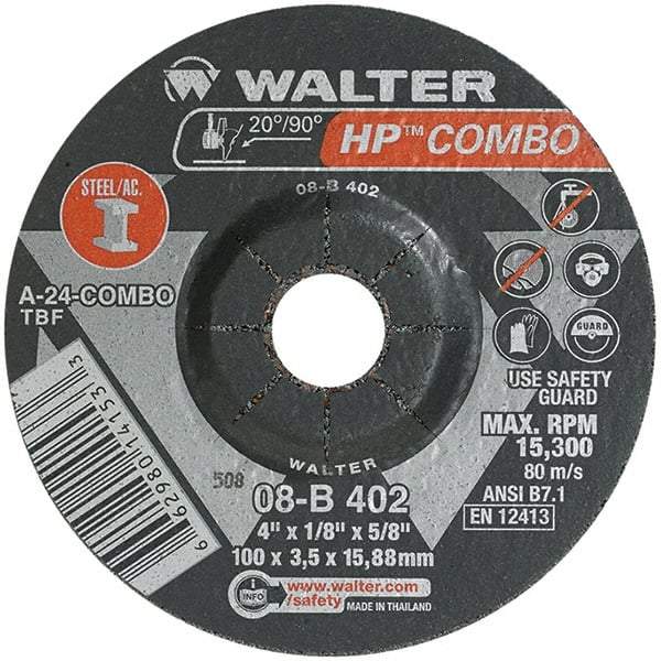 WALTER Surface Technologies - 24 Grit, 4" Wheel Diam, 1/8" Wheel Thickness, 5/8" Arbor Hole, Type 27 Depressed Center Wheel - Aluminum Oxide, Resinoid Bond, 15,000 Max RPM - Exact Tool & Supply